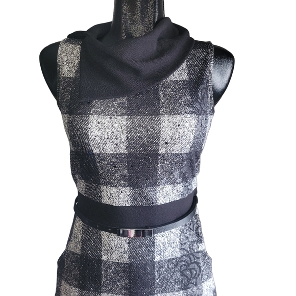 New Tower Black and Grey Plaid  Sleeveless Belted Dress M - Picture 2 of 7